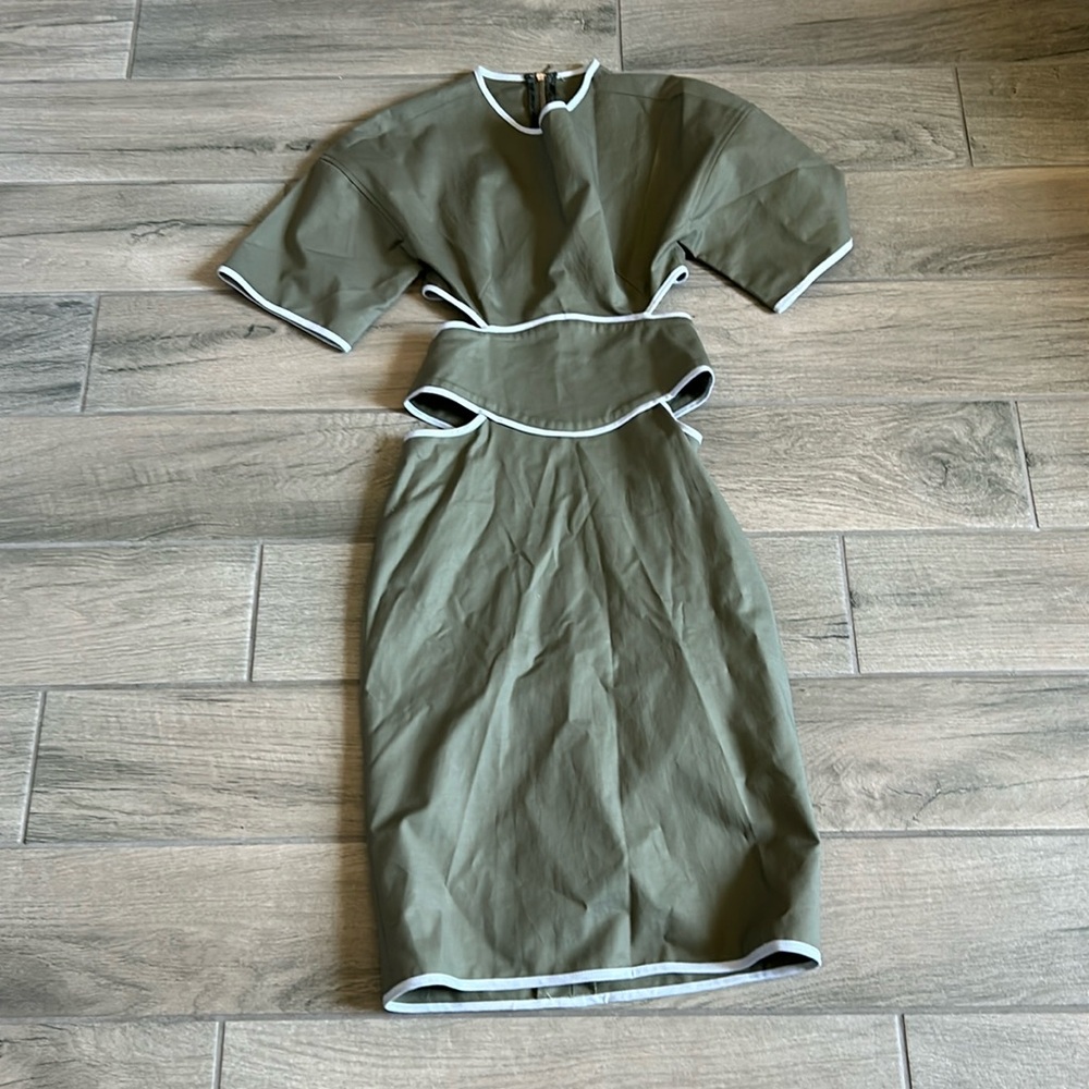 Elegant Olive Green Dress with White Trim